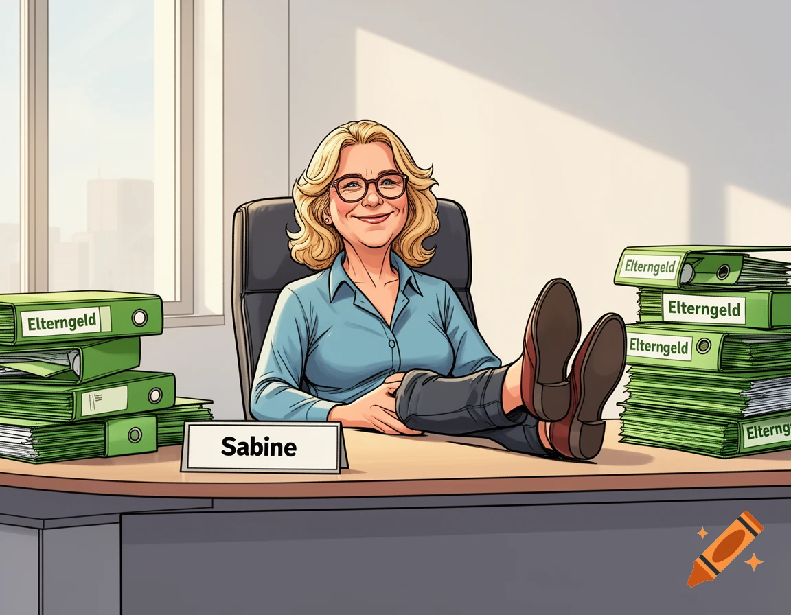 Comic illustration of a relaxed, smiling woman with glasses, feet on a desk, surrounded by stacks of green office files.