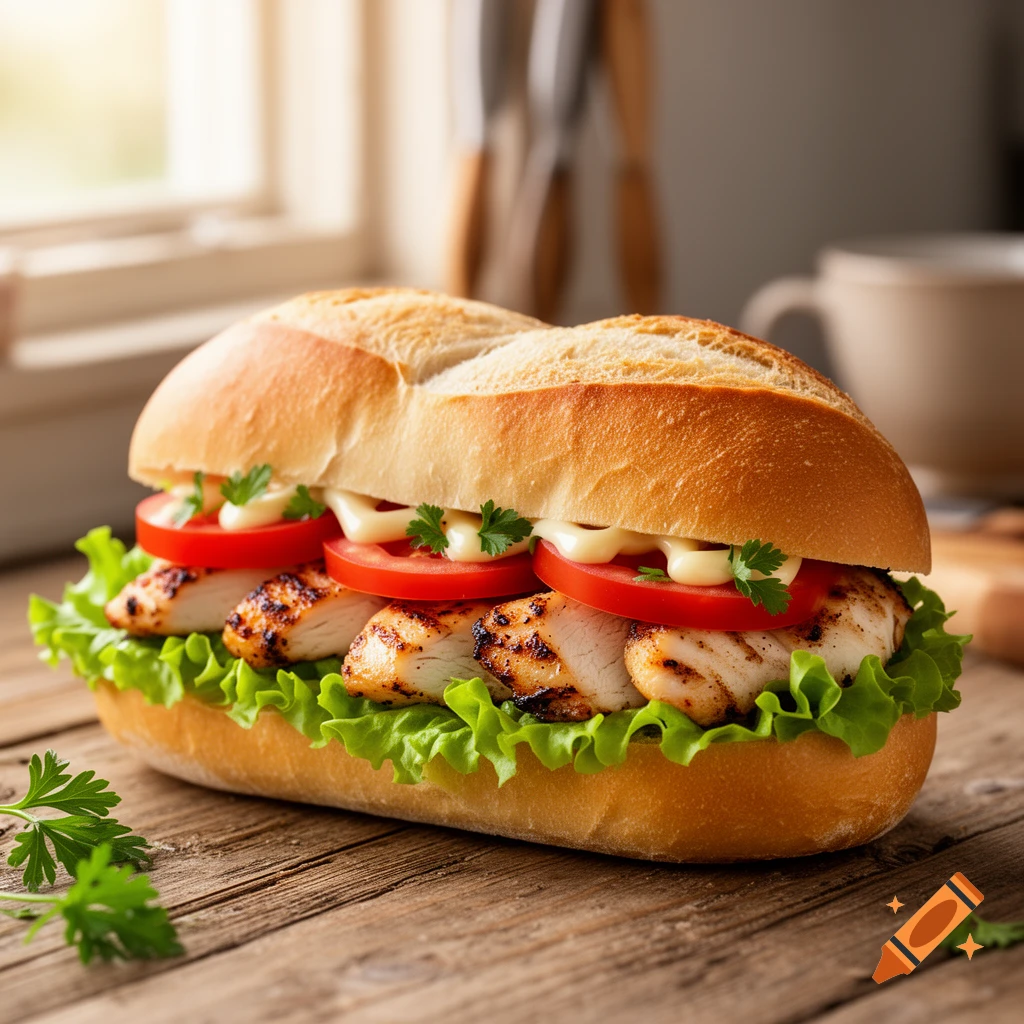 A grilled chicken, tomato, lettuce, and mayonnaise sandwich on a rustic wooden table by a window.
