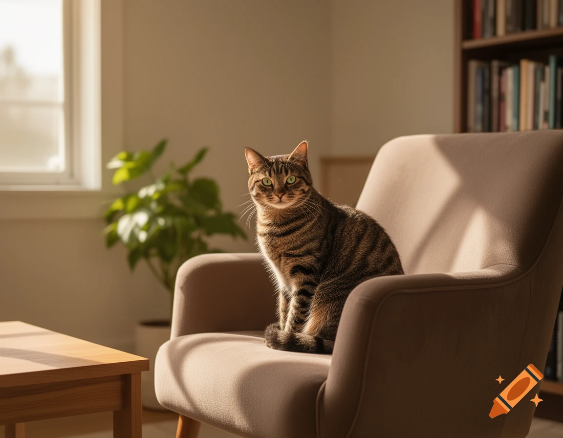 A brown tabby cat sits on a beige armchair in a sunlit room, with a window and bookshelf in the background.