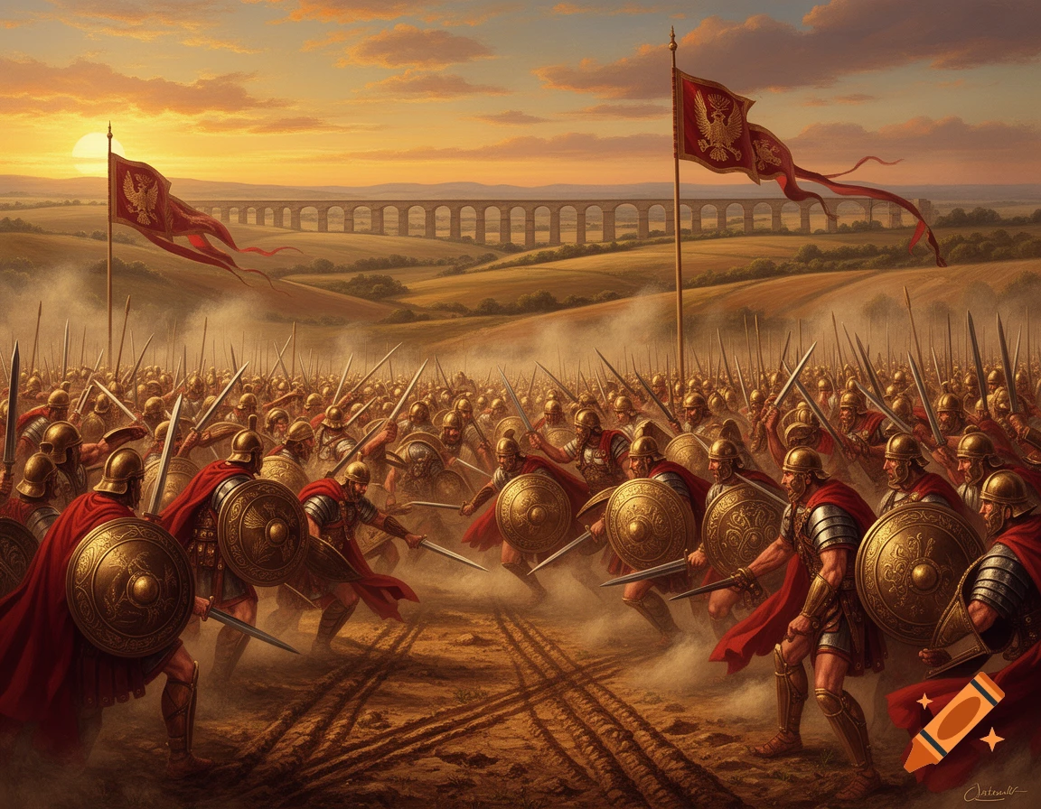 Roman soldiers in battle formation on a dusty field at sunset, with a distant aqueduct.