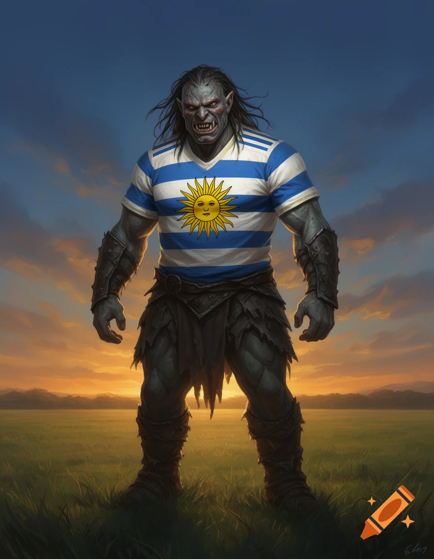 A muscular, grey-skinned Uruk-hai in a blue and white striped jersey with a sun symbol stands in a grassy field at sunset, fantasy art.