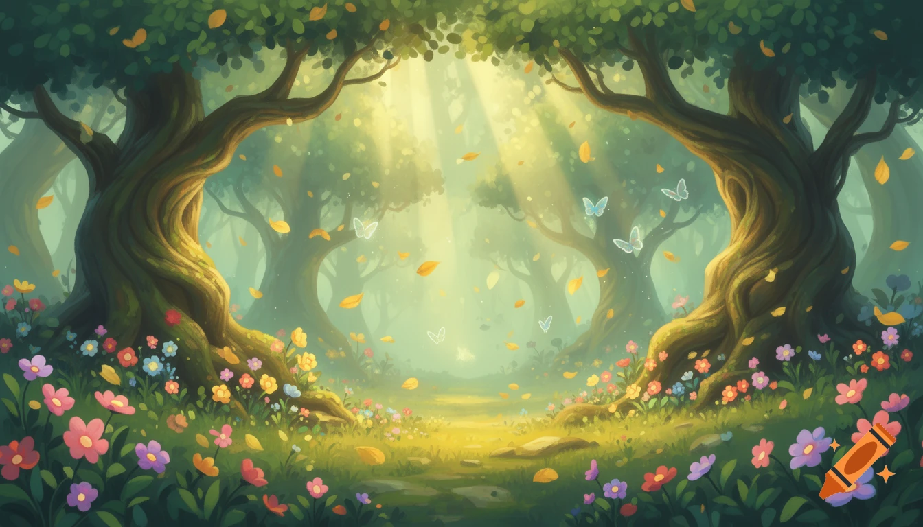 Stylized, cheerful fantasy forest with sunlight streaming through tall trees, vibrant wildflowers, falling leaves, and glowing butterflies.