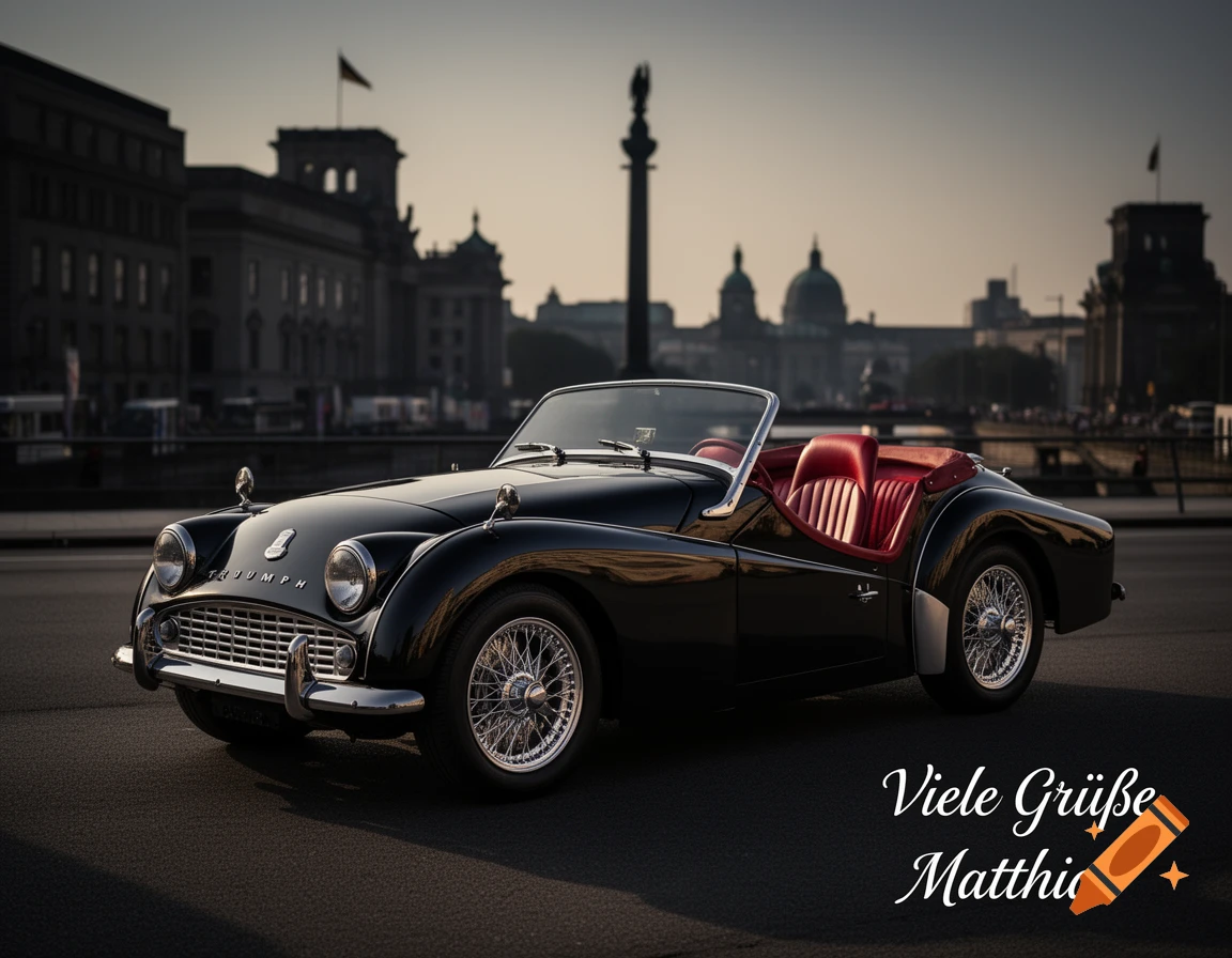 Black Triumph TR3A convertible with red interior and chrome wheels on an asphalt road, blurred city skyline at sunset. Text: Viele Gr n G Matthias.
