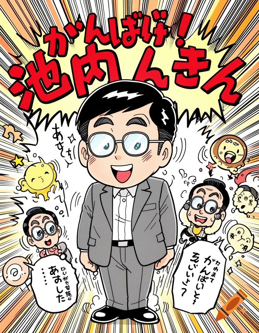 Manga-style illustration of a smiling man in glasses and a suit with smaller chibi characters and speech bubbles around him, with the title 'Go for it! Ikeuchi-san'.