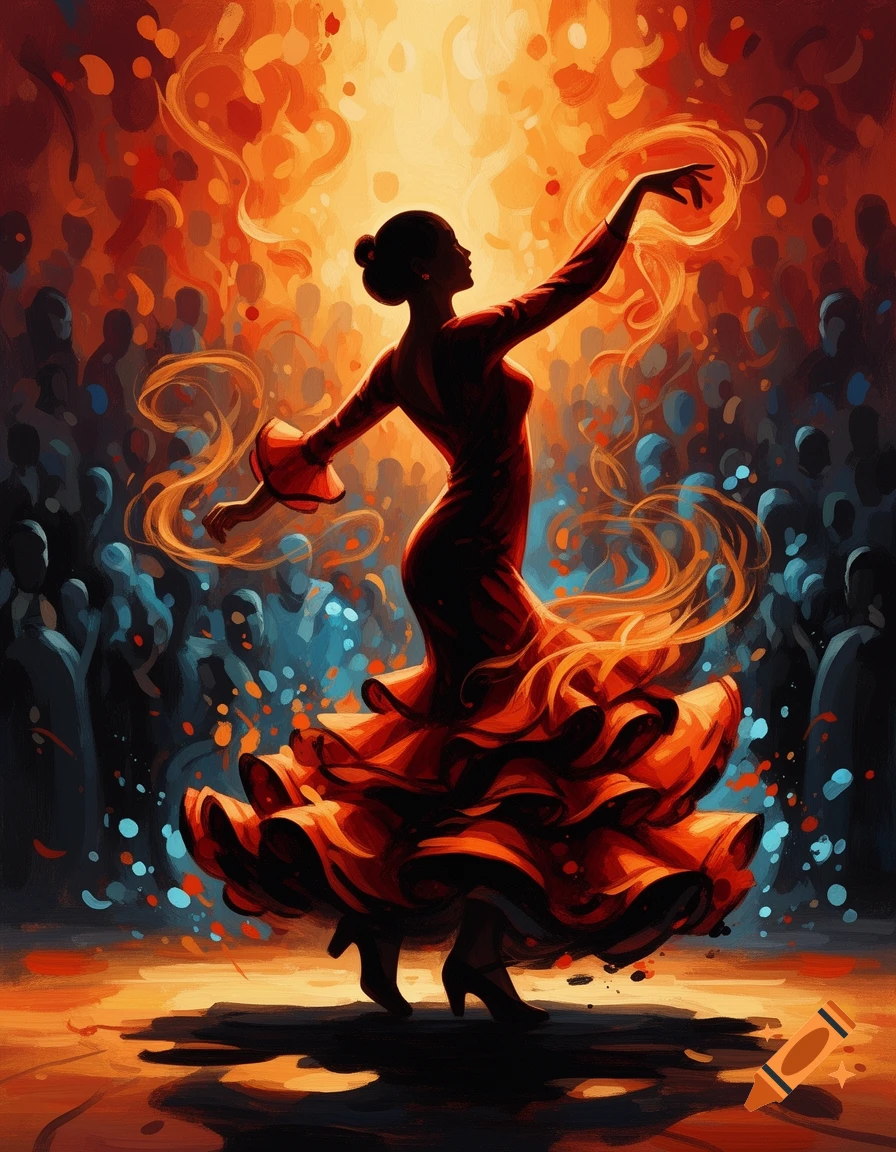 Abstract painting of a flamenco dancer in a red ruffled dress, silhouetted against a fiery orange and blue background with a cheering crowd.