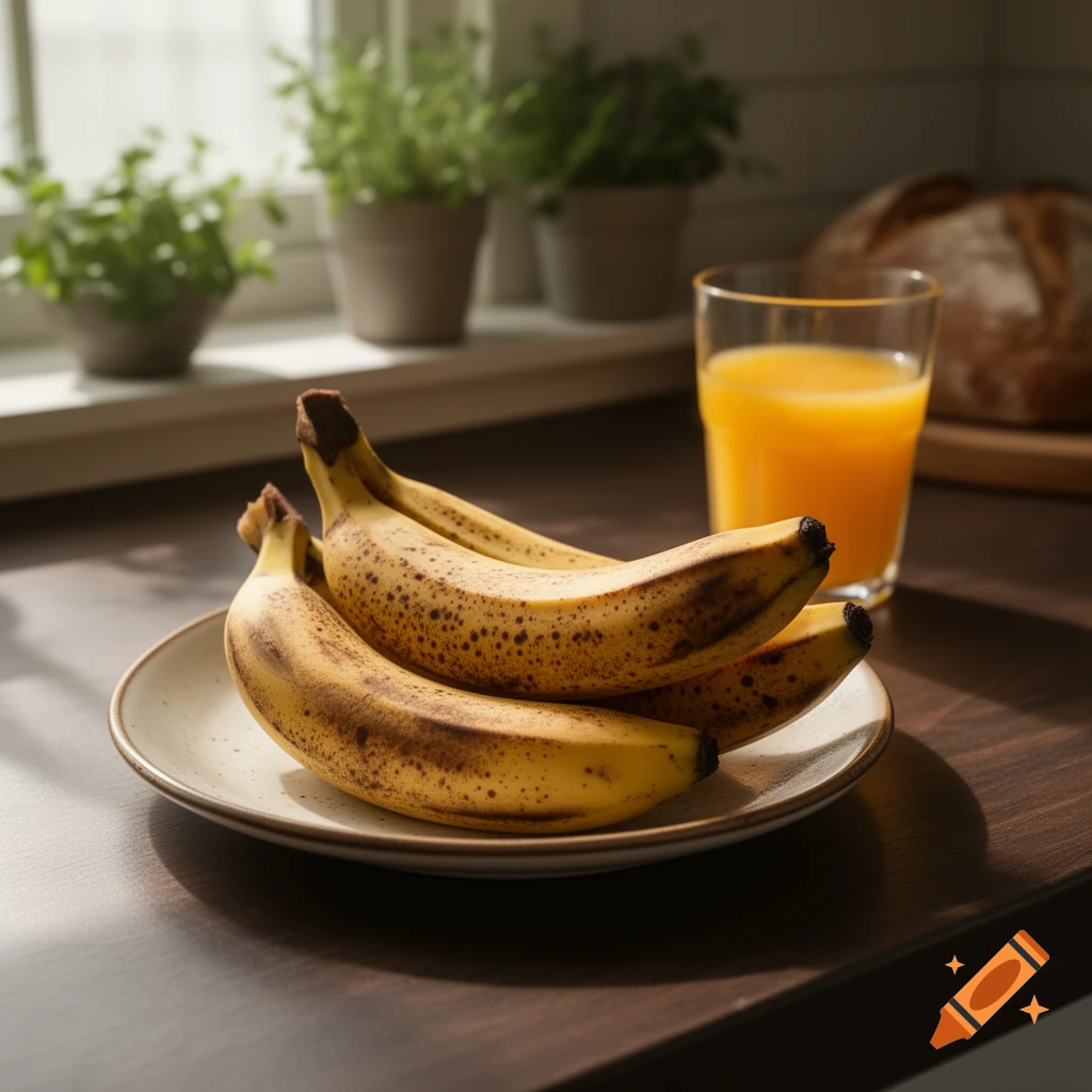 A plate of ripe, speckled bananas next to a glass of orange juice on a dark kitchen countertop, with plants and bread in the background.