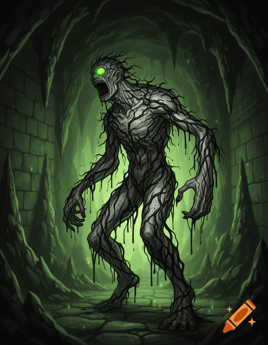 A grey, skeletal dark fantasy monster with glowing green eyes and black veins, dripping fluid, stands in a green-lit dungeon.
