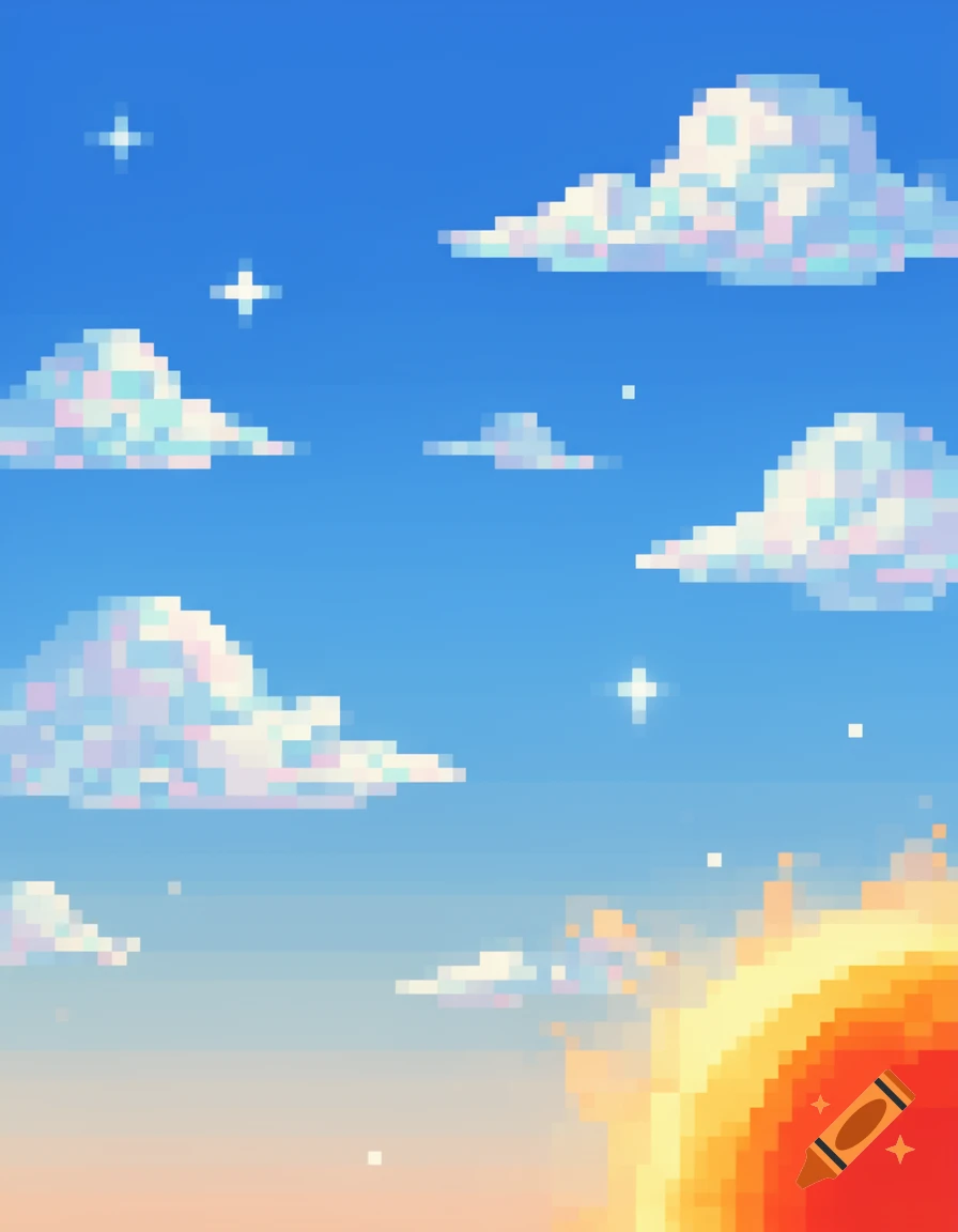 Pixel art depiction of a bright blue sky with white clouds and a large orange-red sun setting.