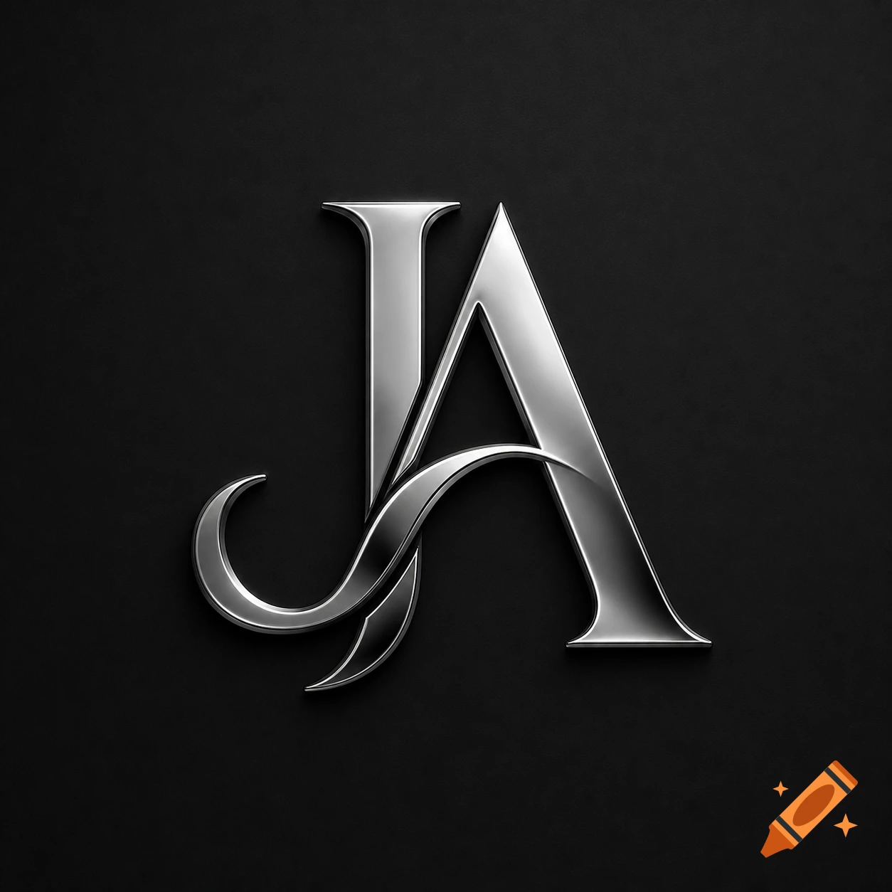 A sleek silver metallic logo featuring a stylized intertwined letter J and A on a dark, textured background.