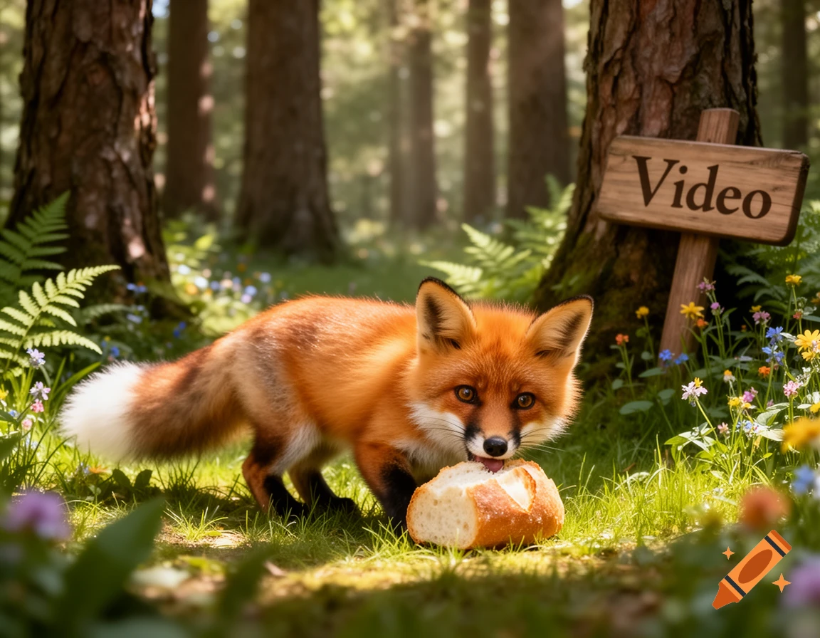 A photorealistic cute red fox in a sunlit forest eats a piece of bread. A wooden sign reads 'Video'.
