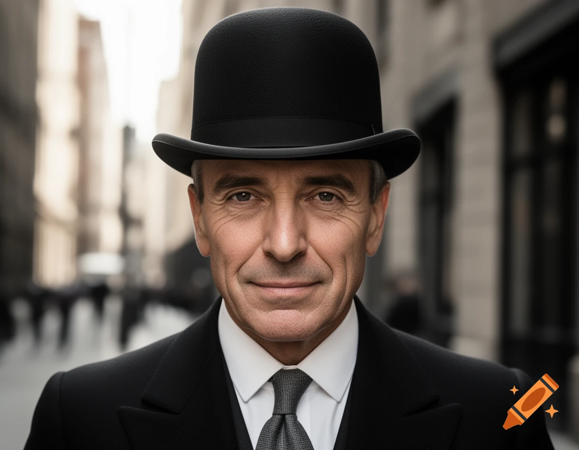 A close-up, photorealistic portrait of an older man in a black bowler hat, suit, and tie, smiling slightly in a city street.
