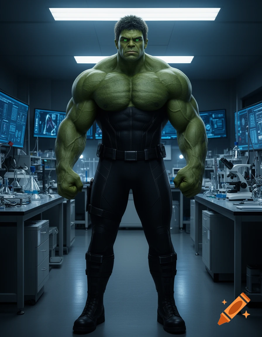 A muscular green Hulk-like character with green eyes stands in a science lab with monitors and beakers, looking sternly forward.