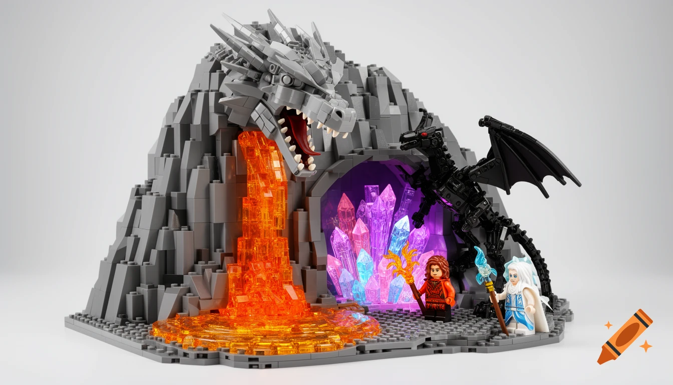 Detailed LEGO fantasy diorama: a mountain dragon spews lava, a cave glows with crystals, a black dragon guards, and two minifigures stand by.