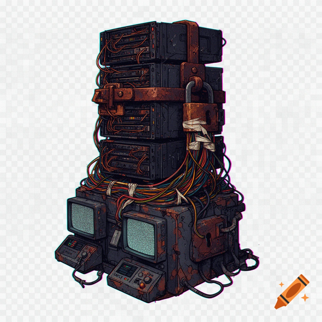 A gritty cyberpunk-style stack of rusty server blades, monitors with static, tangled wires, and large locks, isolated on a transparent background.