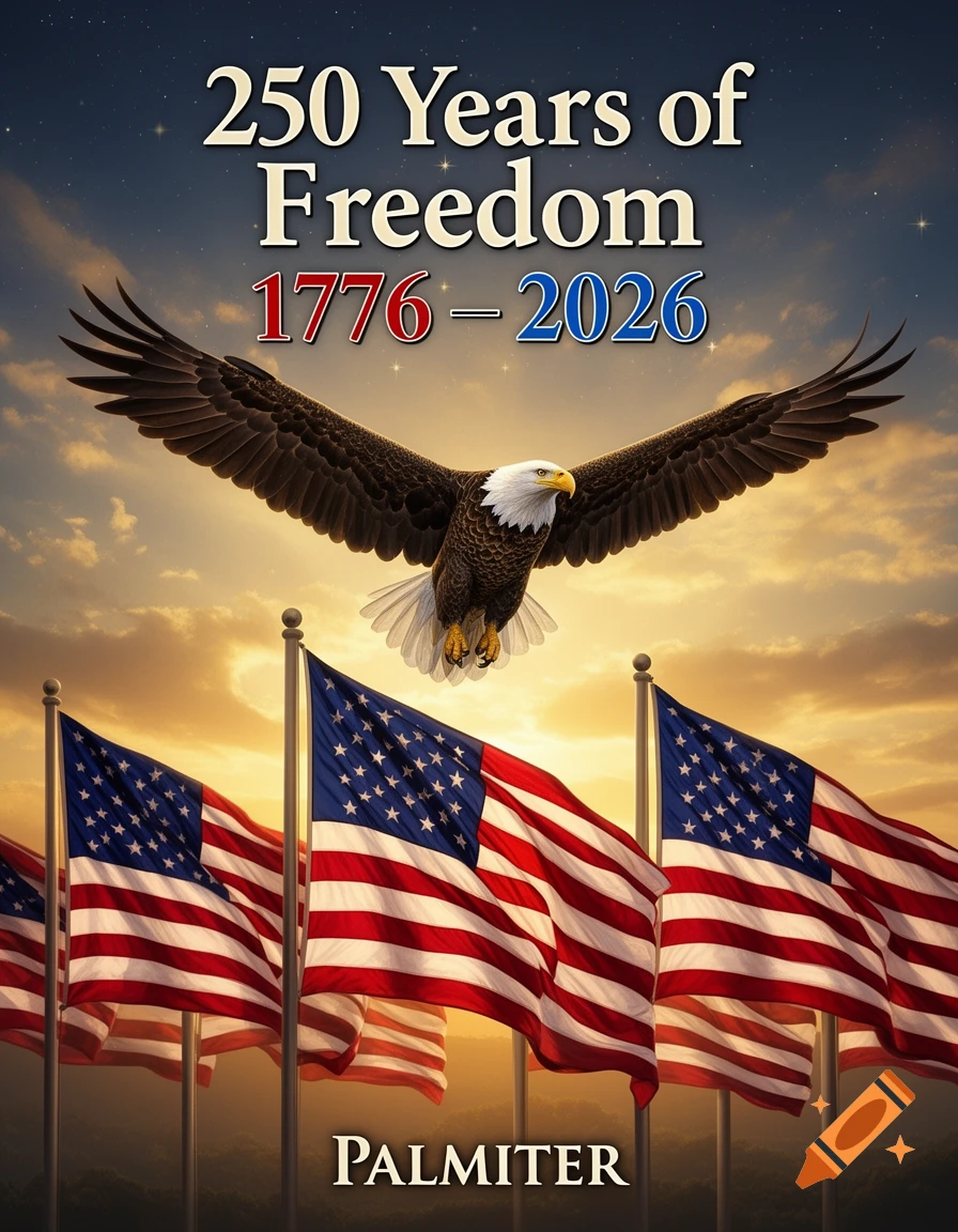 Patriotic poster with a bald eagle soaring over American flags at sunset, with "250 Years of Freedom 1776-2026 PALMITER" text.