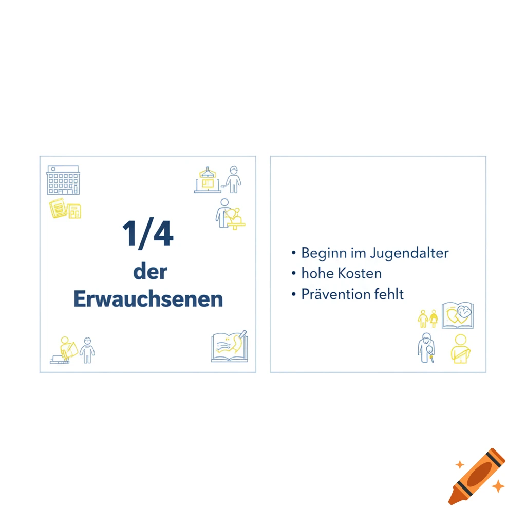 Infographic with two panels. Left: '1/4 der Erwachsenen' text with icons. Right: Bullet points 'Beginn im Jugendalter', 'hohe Kosten', 'Prävention fehlt' with icons.