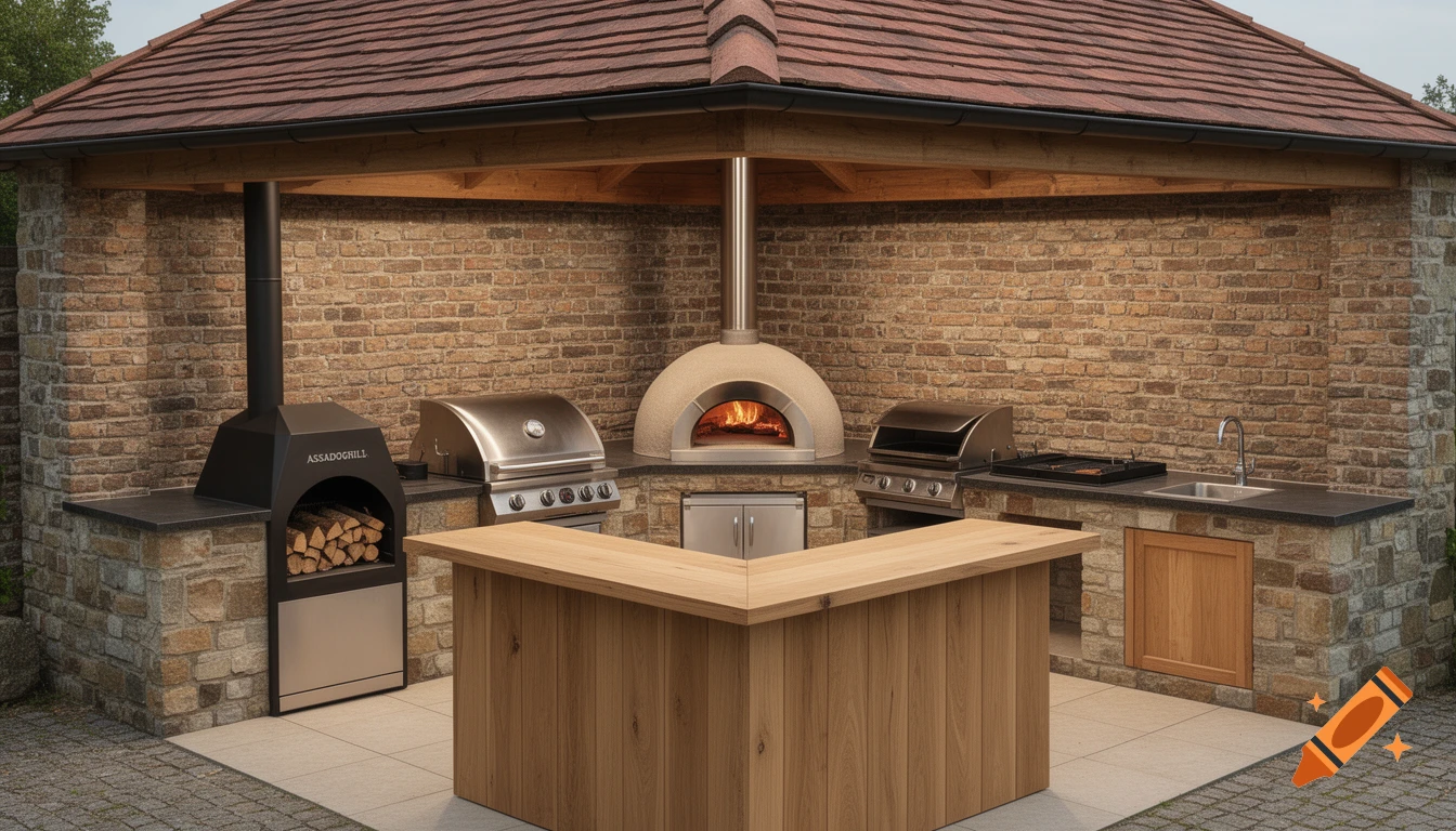 Photorealistic outdoor kitchen with a red-tiled roof, built-in brick walls, a pizza oven, a grill, and a wooden bar.