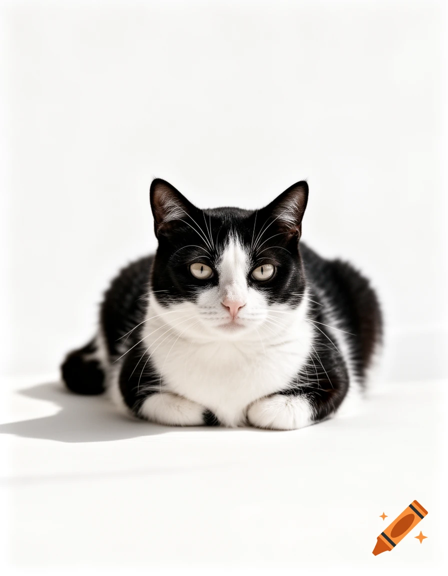 A black and white tuxedo cat with yellow eyes lies on a white background.
