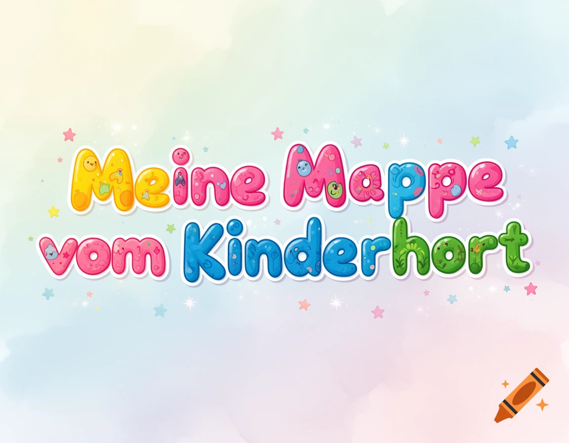 Colorful bubble-style text 'Meine Mappe vom Kinderhort' on a light pastel background with scattered stars.