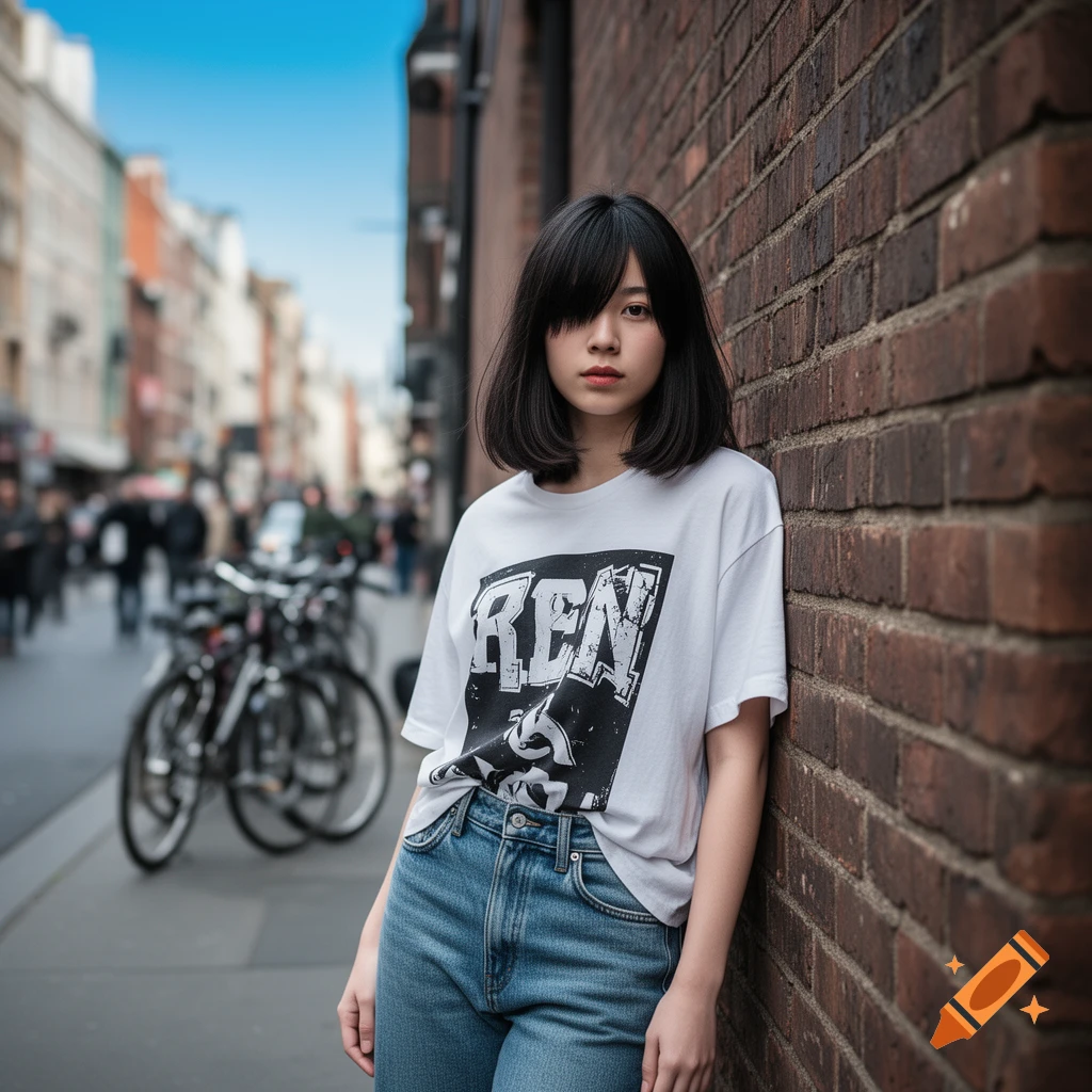 A young woman with short black hair and a white "REN" t-shirt leans against a brick wall on an urban street.