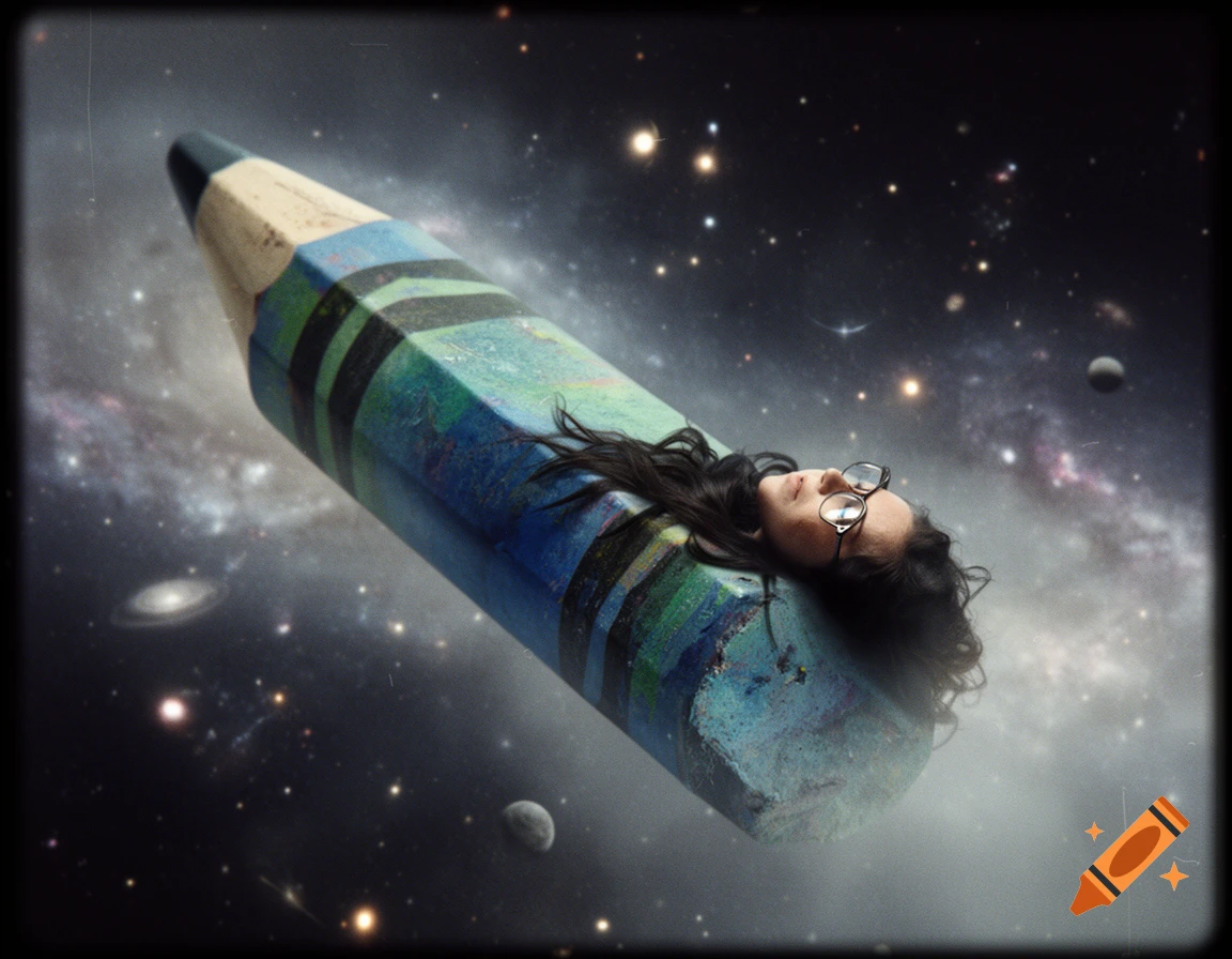 A dark-haired woman with glasses lies on a large blue and green crayon floating through a starry, cosmic space, with an old camera aesthetic.
