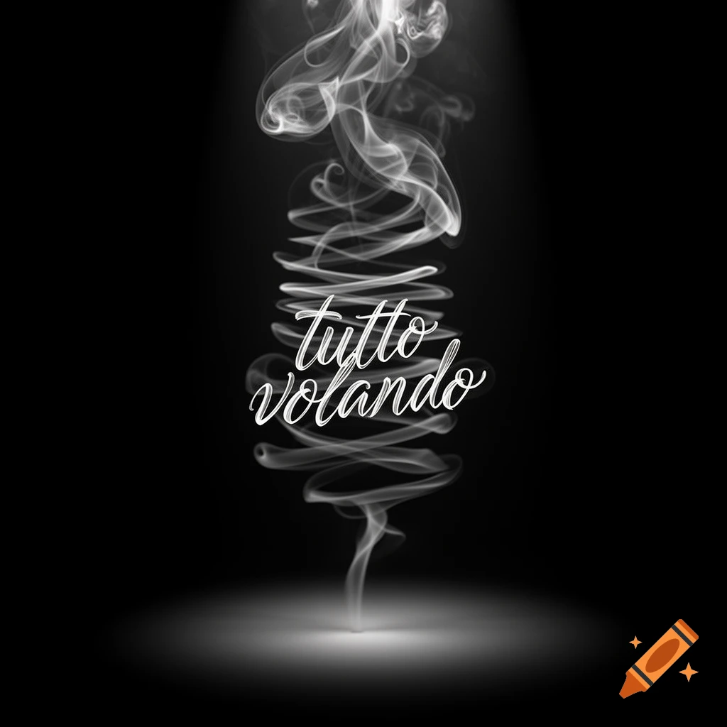 A white smoke spiral forming 'tutto volando' text, illuminated from below on a black background.