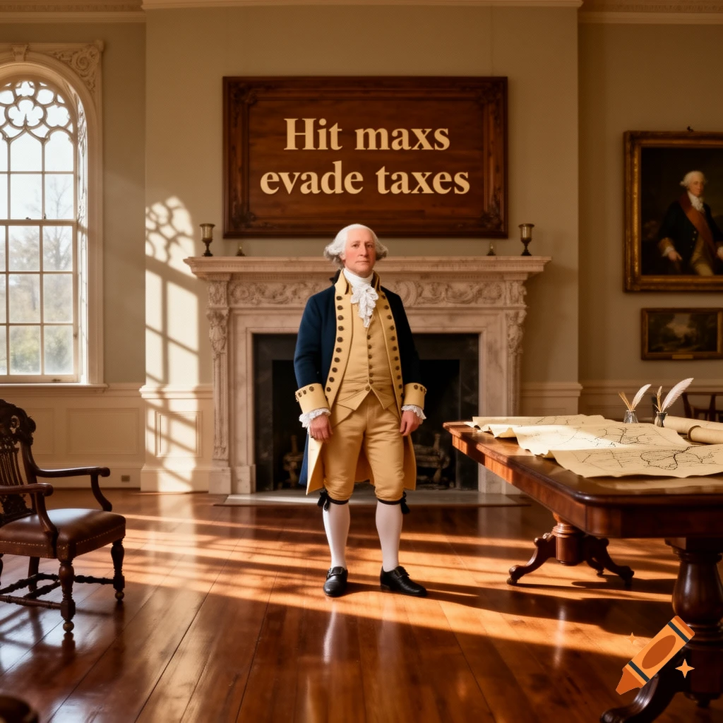 Photorealistic depiction of George Washington in a period room with a sign reading 'Hit maxs evade taxes' above a fireplace.