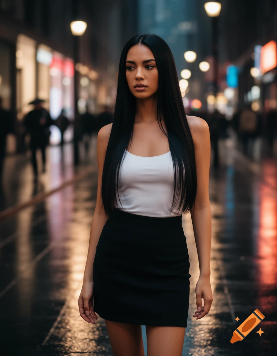Photorealistic portrait of a woman with long black hair, white tank top, and black mini-skirt walking on a wet city street at night.