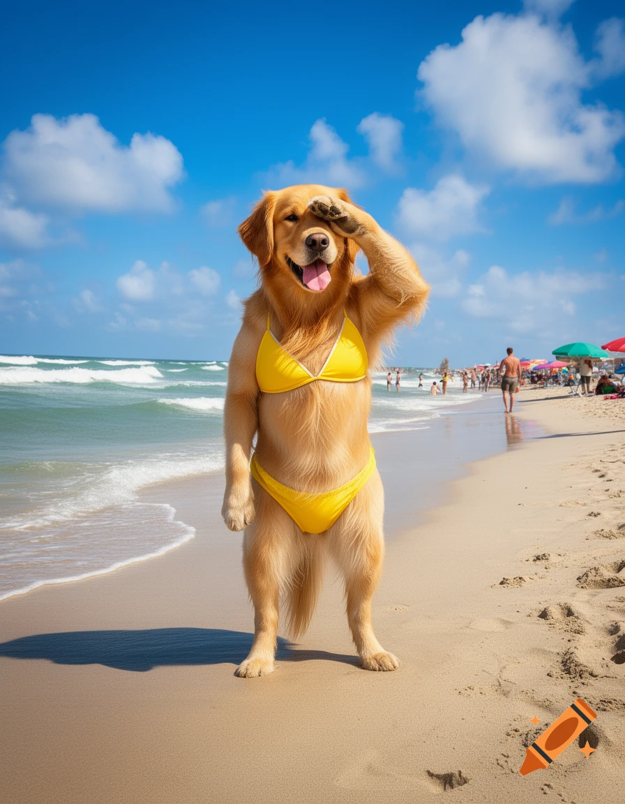 A golden retriever wearing a yellow bikini stands on a sunny beach, shielding its eyes from the sun.