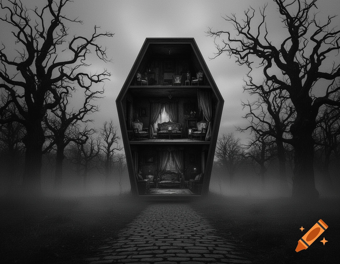 Black and white gothic image of a coffin-shaped house with rooms inside, on a path in a misty, dark forest.