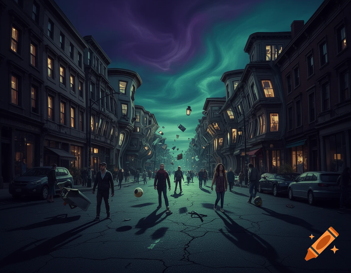 A surreal street scene at dusk with warped buildings and people walking as objects float in the air under a swirling purple and green sky.