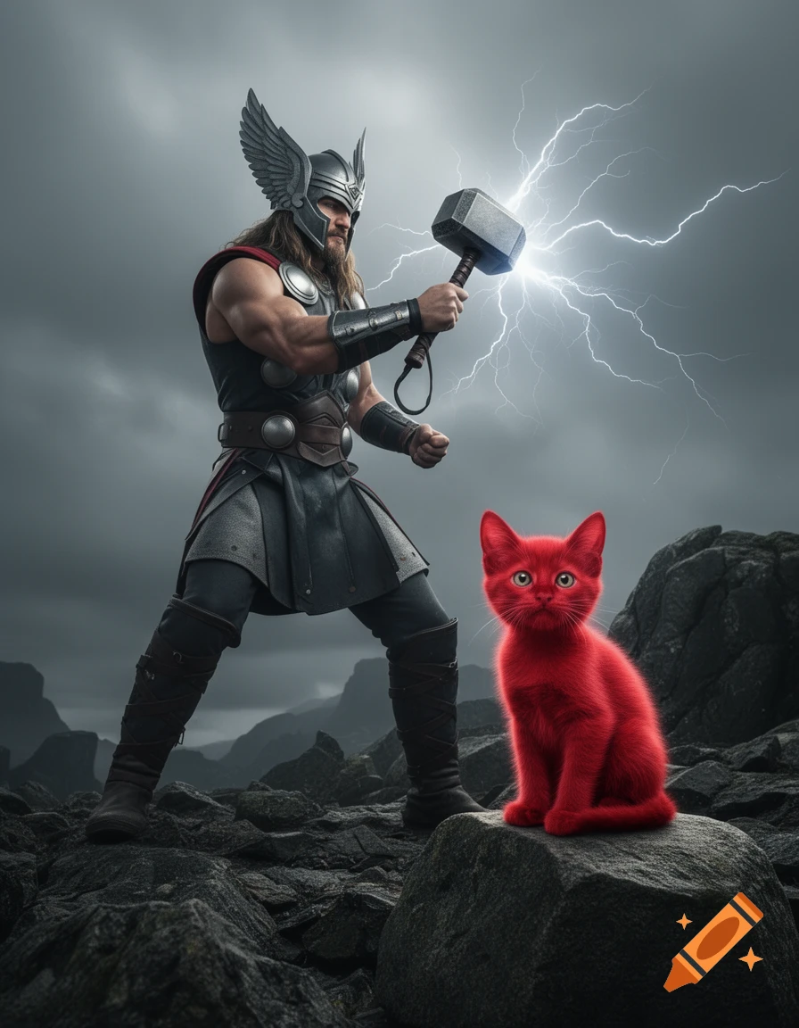 Photorealistic Thor with Mjolnir and lightning on a rocky landscape, next to a bright red cat.