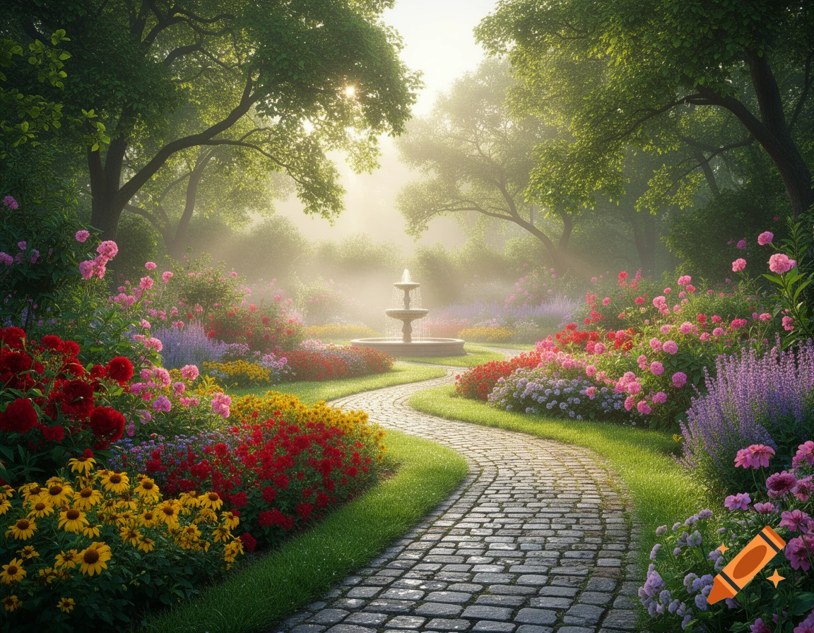 A serene, misty garden with a winding cobblestone path, vibrant flowers, lush green trees, and a decorative fountain at the center.