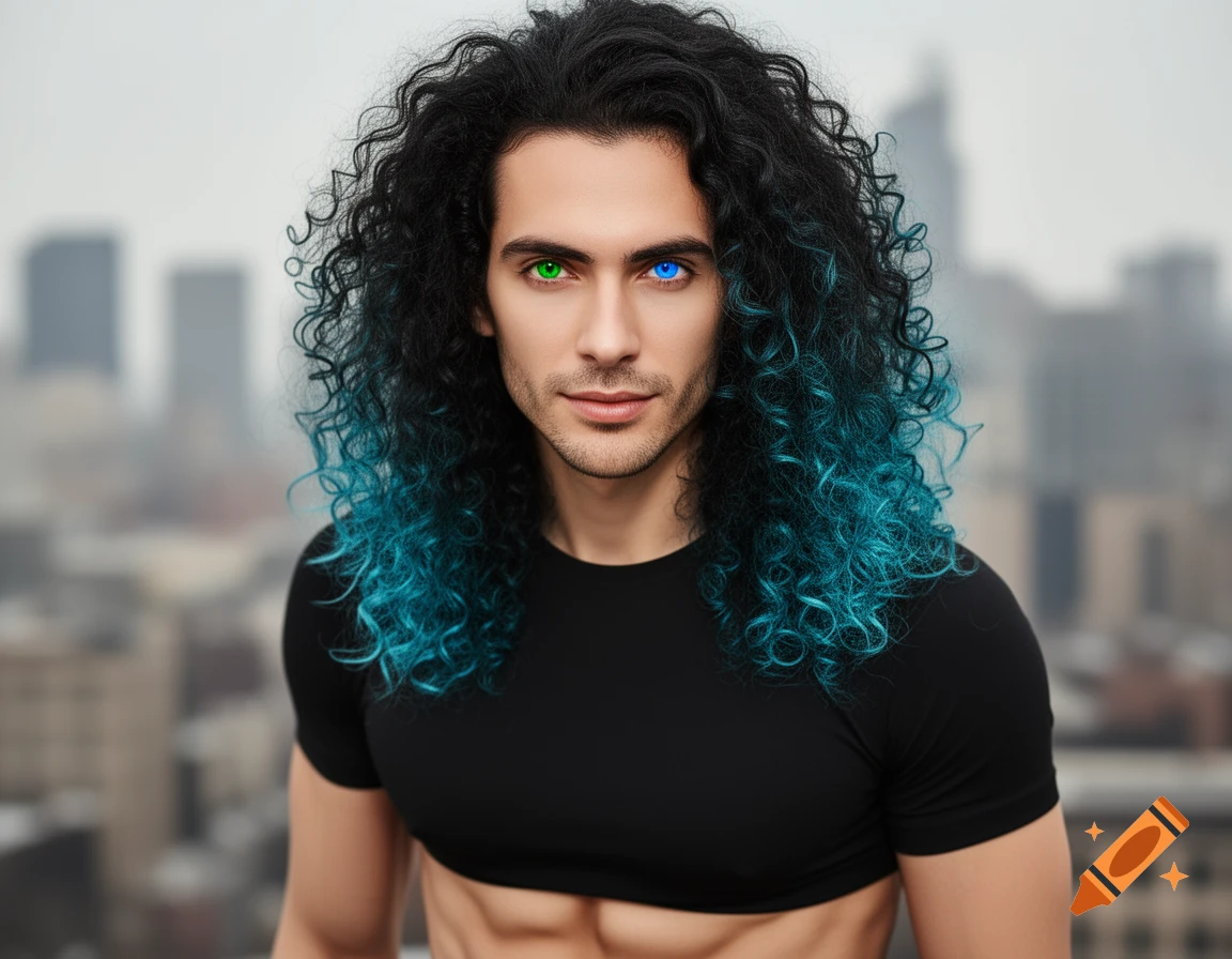 Photorealistic portrait of a man with long curly black and blue hair, green and blue eyes, black crop top, visible abs, city background.
