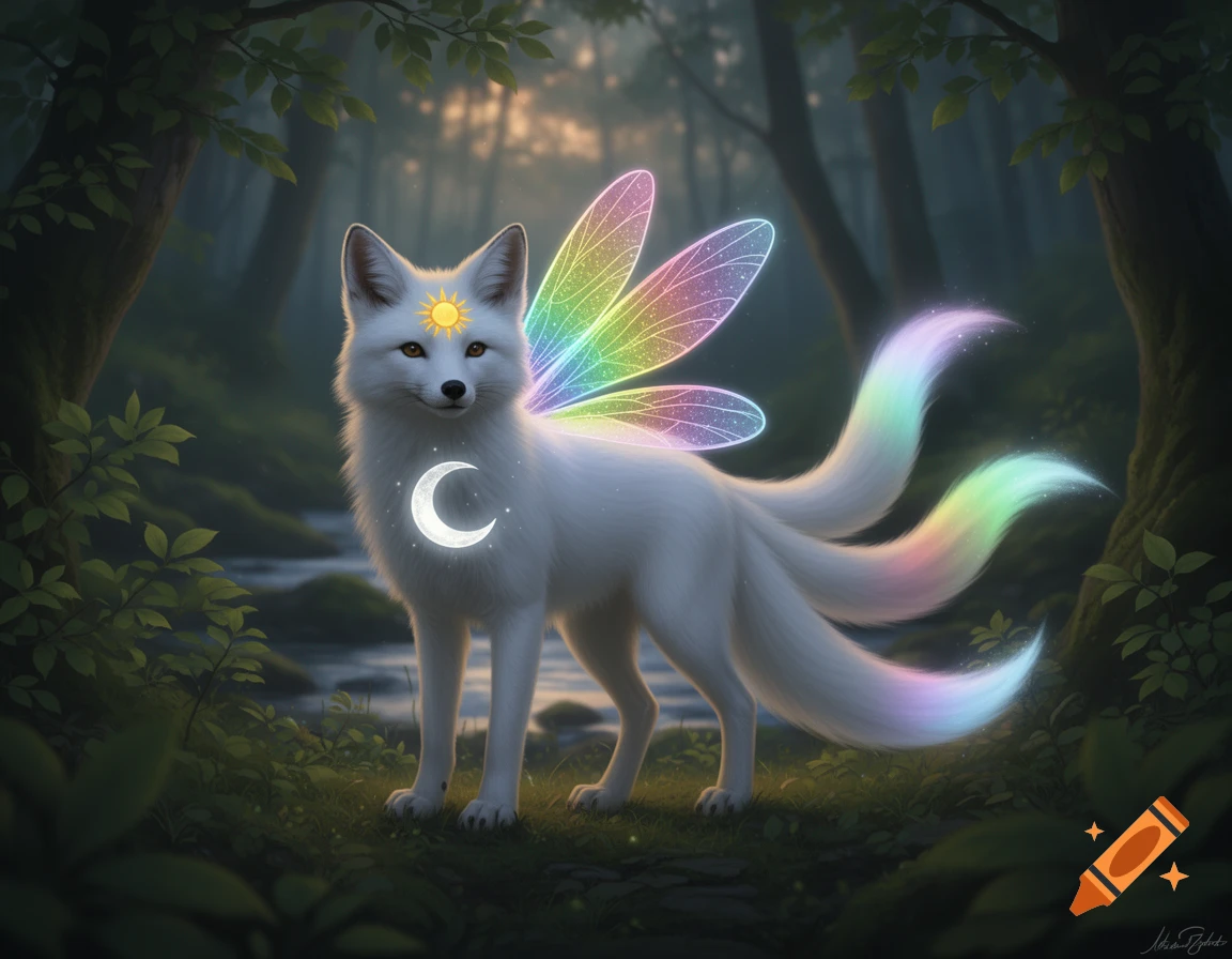 A white fox with rainbow fairy wings, a glowing moon on its chest, a sun on its forehead, and multiple rainbow tails stands in a mystical forest.