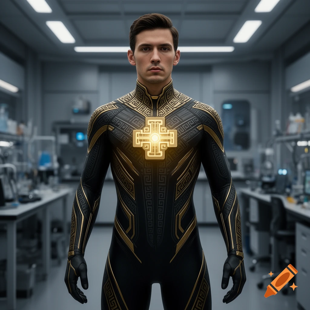 Futuristic Inca A man in a black and gold futuristic suit with Inca-inspired patterns ...