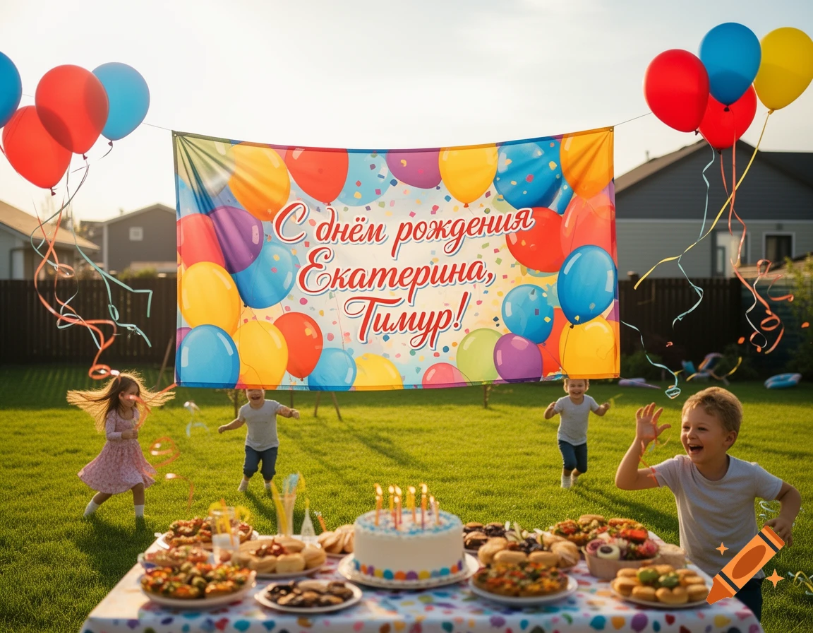 Children's outdoor birthday party with a banner, balloons, cake, and food on a table under a sunny sky.
