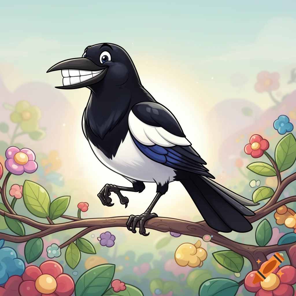 A smiling cartoon magpie with prominent white teeth sits on a flowered branch in a colorful, bright garden.