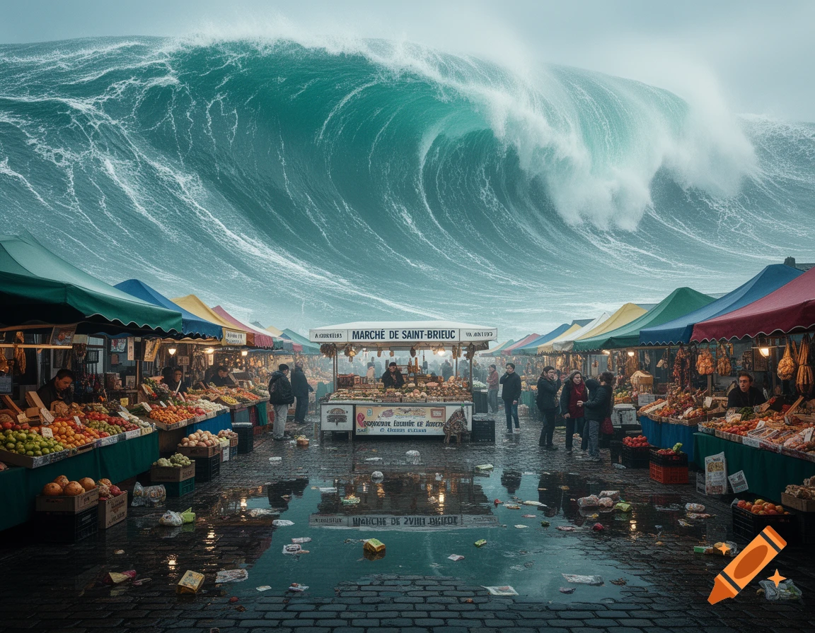 A massive, powerful tsunami wave looms over a bustling outdoor market with colorful stalls and people.