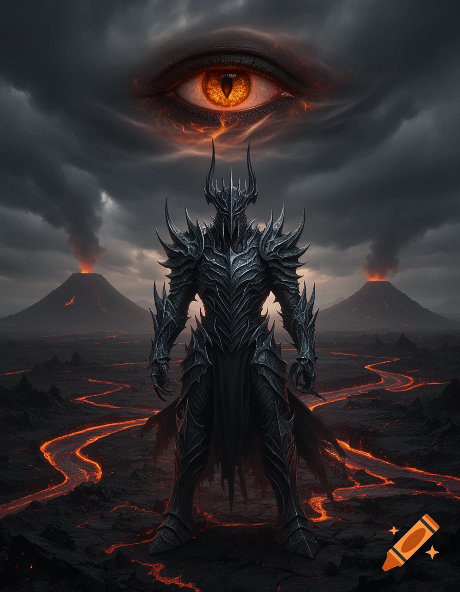 Towering dark armored figure in a volcanic wasteland with lava rivers under a fiery eye in a fantasy style.