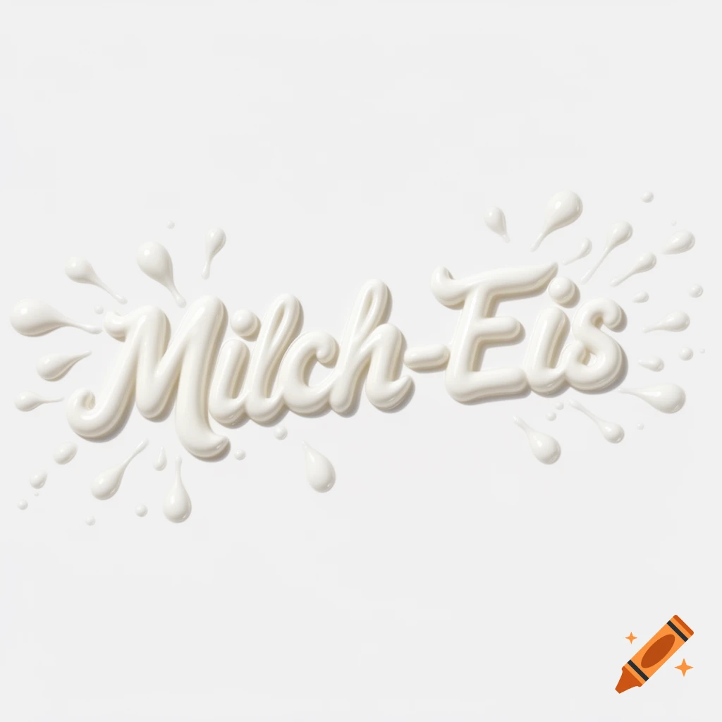 3D text "Milch-Eis" (milk ice cream) rendered in white milk with splashes on a white background.