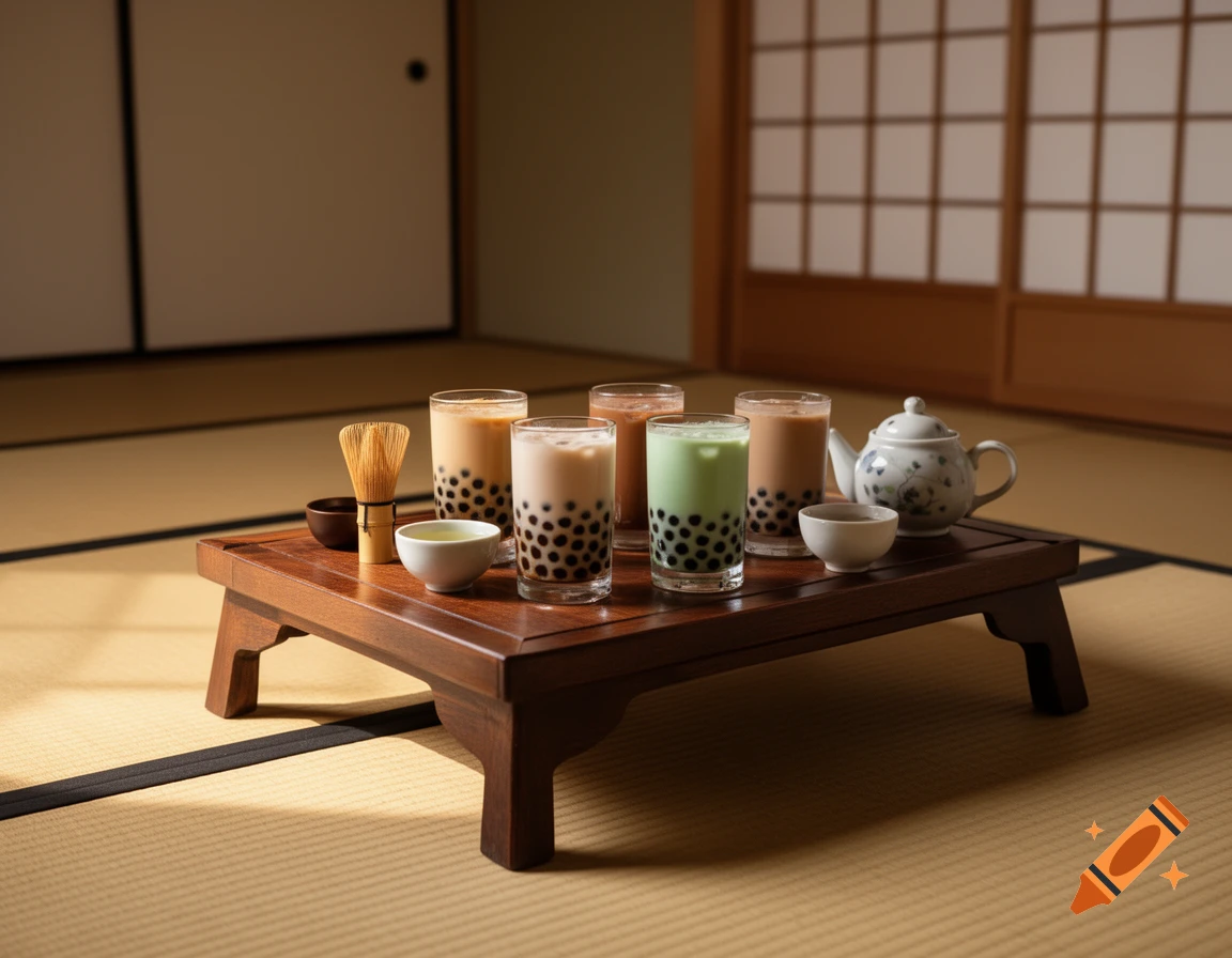Multiple boba teas, a teapot, and a whisk on a wooden table in a traditional Japanese room with tatami mats.