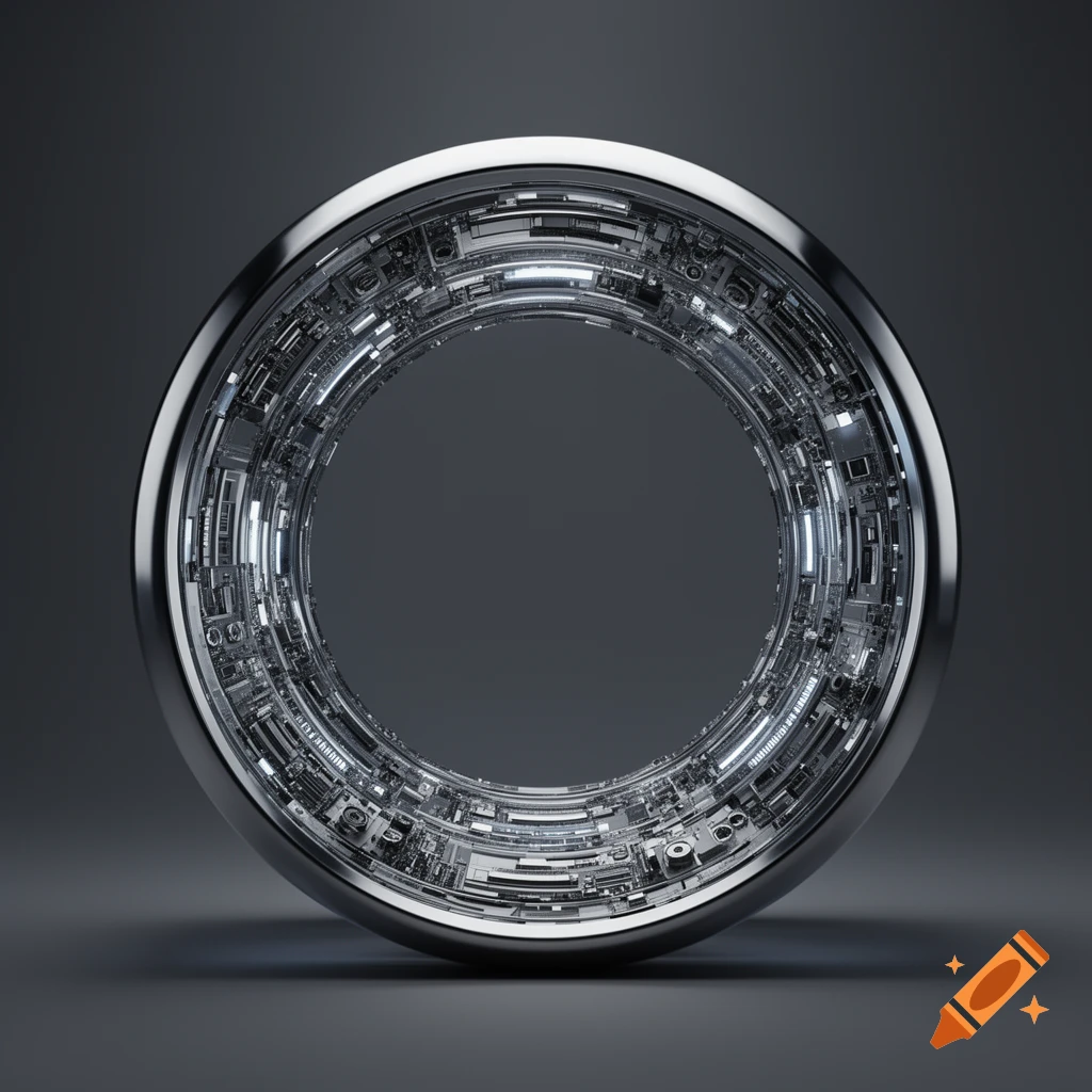 A gleaming metallic ring features intricate embedded technical components and glowing lights, set against a dark, minimalist background.