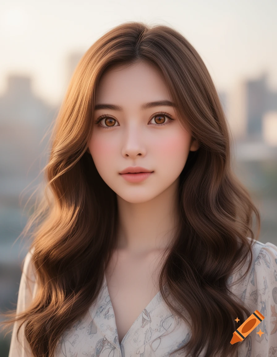 Photorealistic cinematic portrait of an anime-style woman with long wavy brown hair and warm brown eyes.
