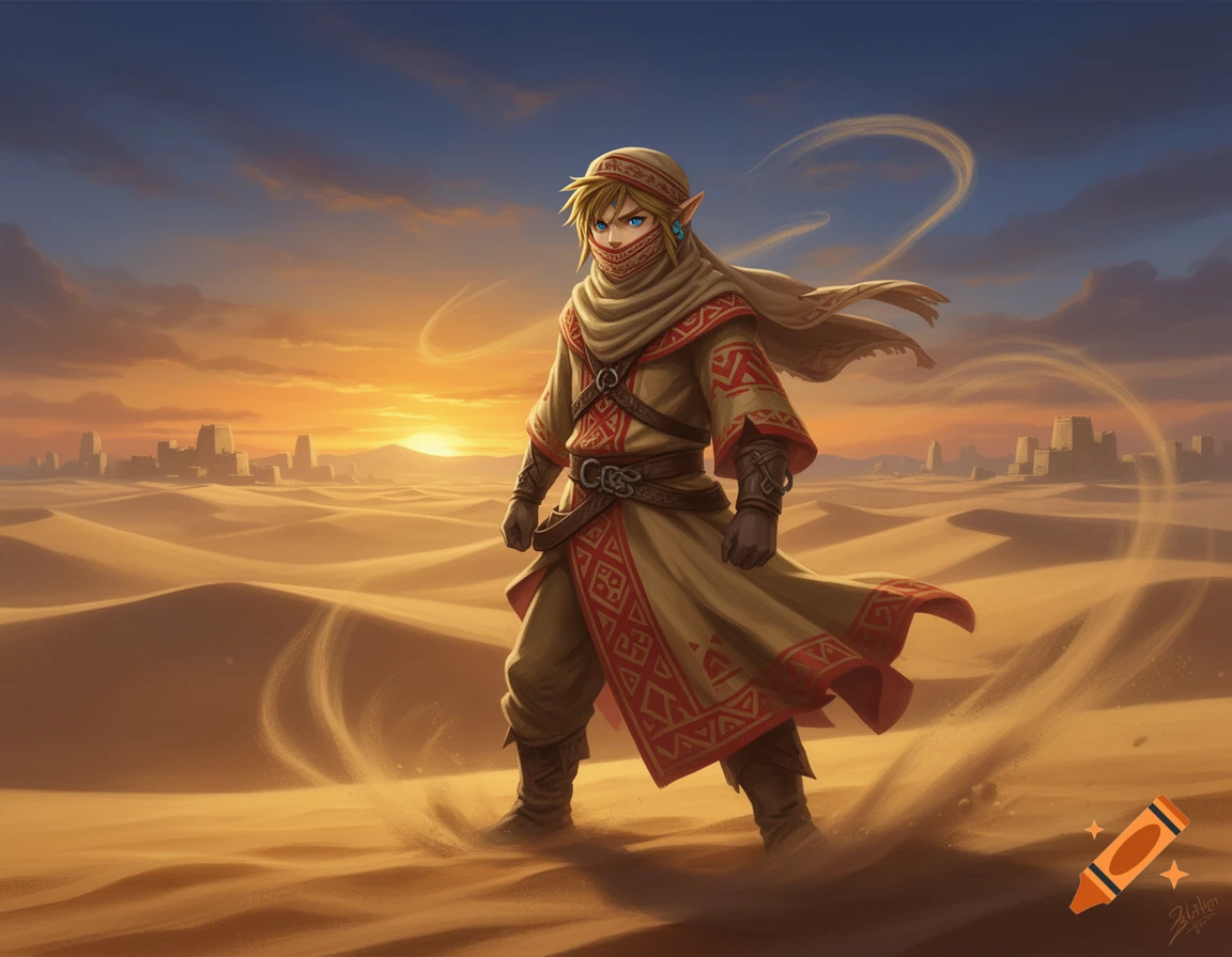 Link as a male Gerudo warrior in desert robes stands in a sandy landscape at sunset with a distant city.