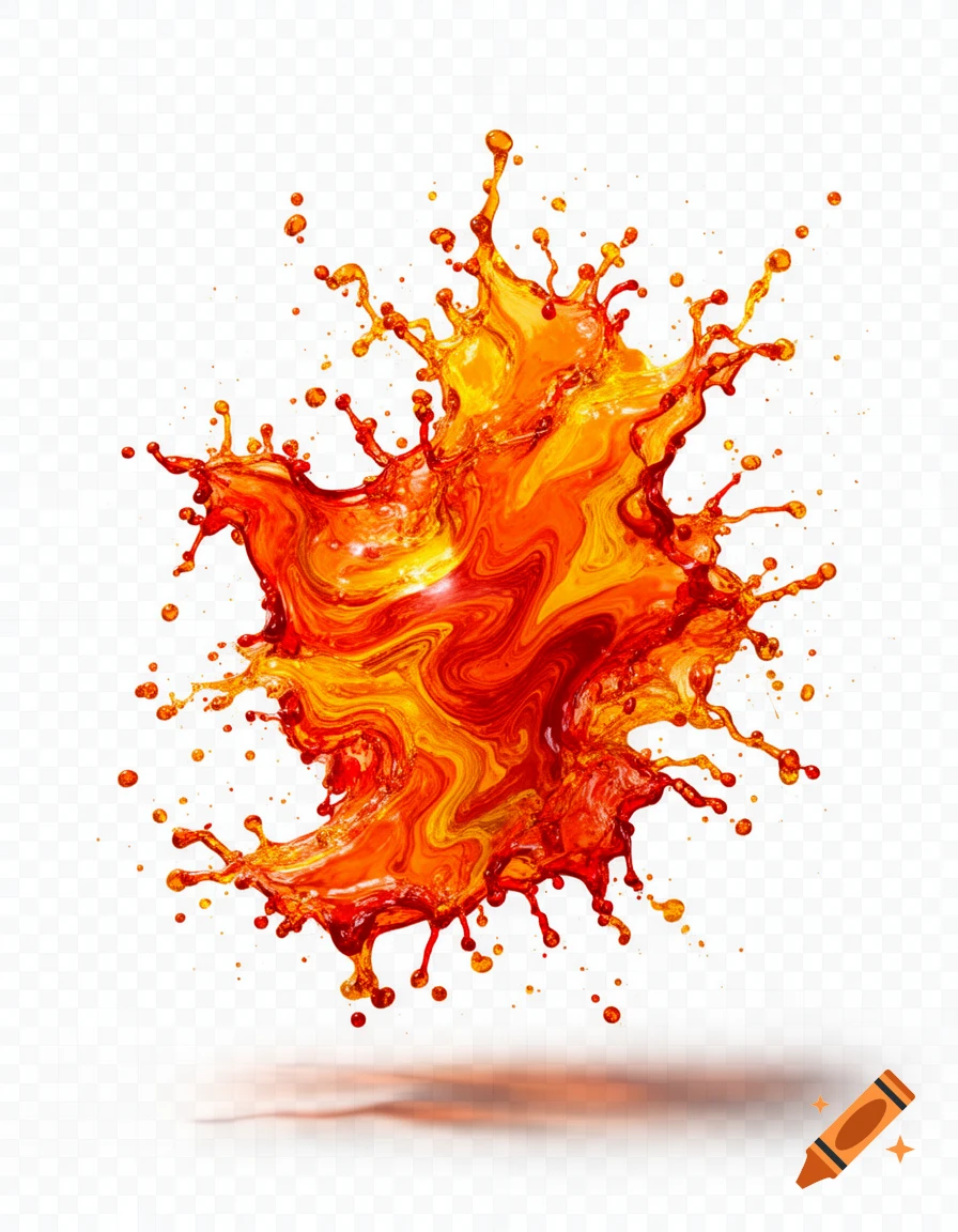 A vibrant, dynamic splash of orange, red, and yellow liquid on a transparent background, creating a visually striking abstract design.