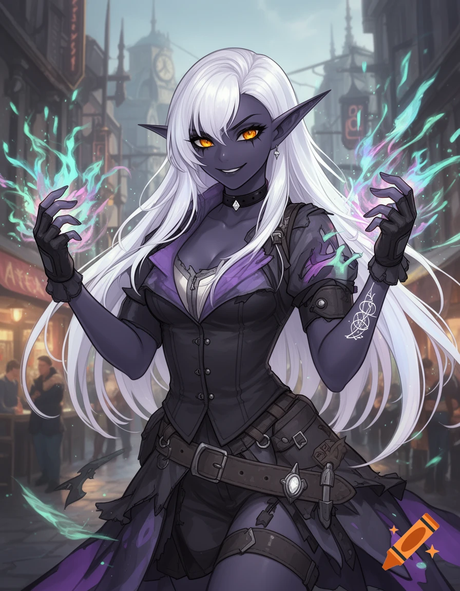 An anime-style female Drow elf with white hair, dark skin, and amber eyes, wearing an urban fantasy outfit, smirking and casting magic in a city street.