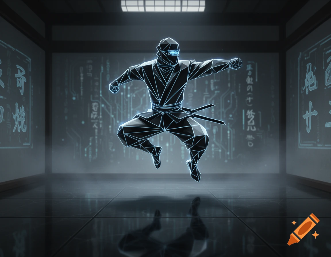 A polygonal ninja with glowing blue lines in a dynamic pose within a dark, futuristic room with circuit board patterns on the walls.