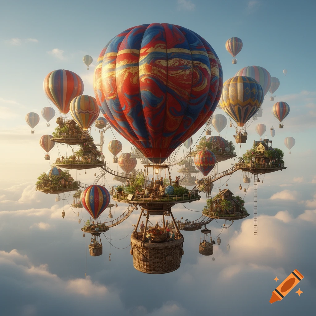 A fantastical, giant hot air balloon city with multi-level platforms, houses, and many smaller balloons connected, floating above clouds.