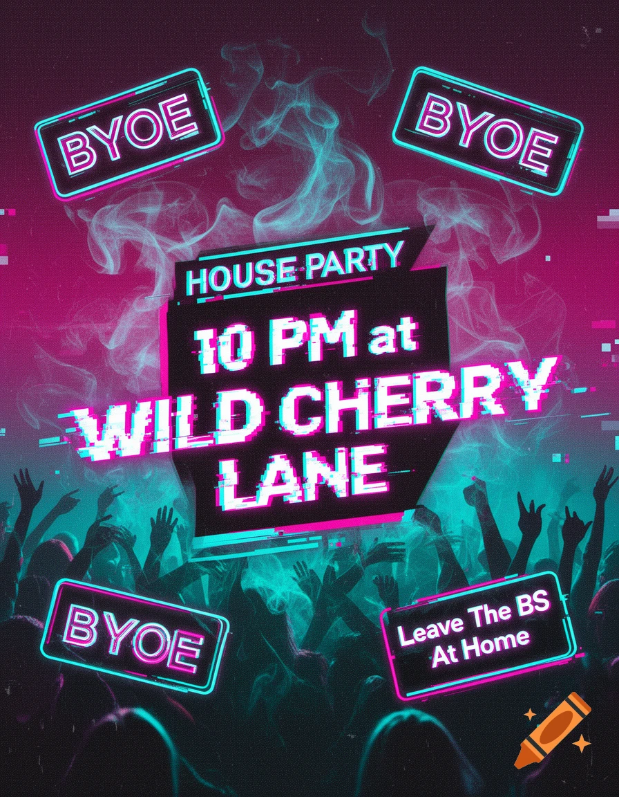 Retro 80s neon house party flyer with pink and cyan glitch effects, text, smoke, and crowd silhouettes.